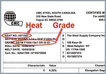 Mill Certification Heat and Grade